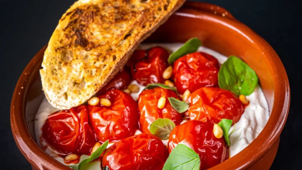 pieczone pomidorki koktajlowe z ubijana feta i swiezym oregano w restauracji just friends w poznaniu